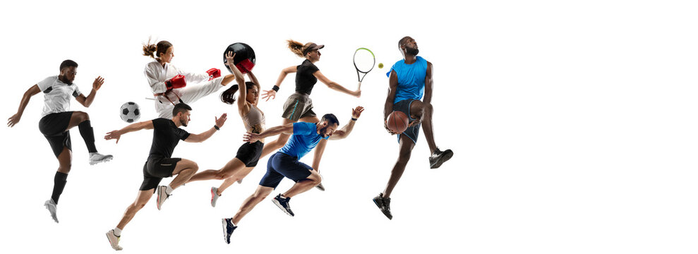 Development of motions of young athletic fit men and women in action isolated over white background. Flyer.