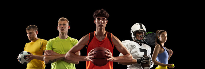 Sport collage. Tennis, soccer football and basketball players standing together like sport team...