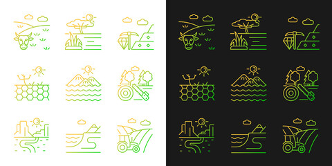 Industrial land gradient icons set for dark and light mode. Mining and timber processing lands. Thin line contour symbols bundle. Isolated vector outline illustrations collection on black and white