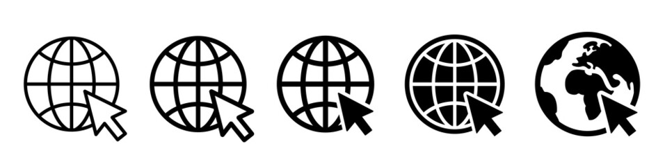Fototapeta premium Click to go to online website icon. Globe icons with cursor set. Go to website sign. Internet icons collection. Line and flat style symbol - stock vector.
