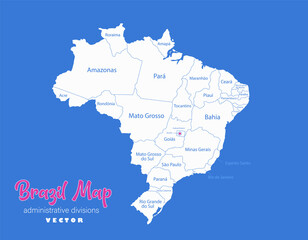 Brazil map, administrative divisions whit names regions, blue background vector