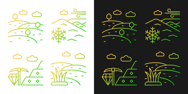 Land diversity gradient icons set for dark and light mode. Ground elevation. Minerals mining. Thin line contour symbols bundle. Isolated vector outline illustrations collection on black and white