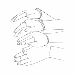 Obraz premium Outline women hands with jewelry. Bracelets and rings on female hands. Gold Jewelry and luxury accessories on white background close up. High Fashion art concept