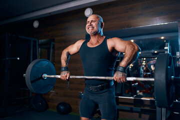 Fototapeta na wymiar Emotional aged bald bodybuilder doing trapezius and deltoid exercise with a barbell in the gym