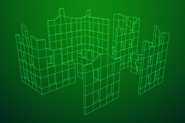 Destroyed building ruin and concrete, war destruction concept. Wireframe low poly mesh vector illustration.