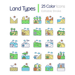 Land types RGB color icons set. Biome diversity. Hot and cold climate zones. Agriculture and industry areas. Isolated vector illustrations. Simple filled line drawings collection. Editable stroke