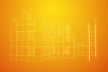 Destroyed building ruin and concrete, war destruction concept. Wireframe low poly mesh vector illustration.