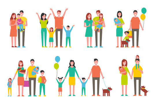 Happy families with children and little dogs set. Cheerful big families with bright balloons in good mood isolated cartoon flat vector illustrations.