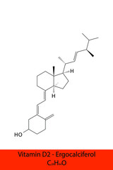 Vitamin D2 Ergocalciferol Skeletal structure and molecular formula. Organic biomolecule, isolated vector illustration