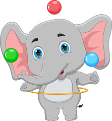 cartoon elephant playing hula hoop and juggling balls