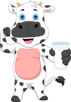 cartoon cute cow holding milk in a glass