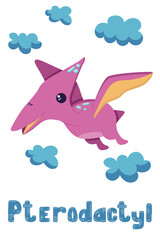 A postcard with a pterodactyl soaring among the clouds, the Mesozoic era of dinosaurs in a flat style, isolated on a white. Vector illustration