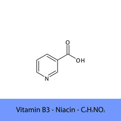 Vitamin B3 Niacin Skeletal structure and molecular formula. Organic biomolecule, isolated vector illustration