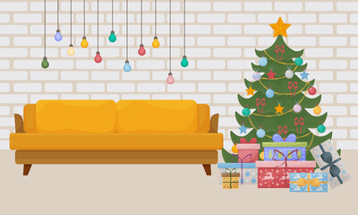 A bright illustration depicting the Christmas interior. New Year s living room with a Christmas tree, gifts, a bright sofa and also colorful garlands. Vector illustration