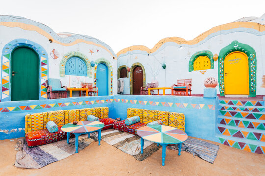 aswan, egypt. 14th october, 2021: colorful houses of nubian village in aswan, egypt