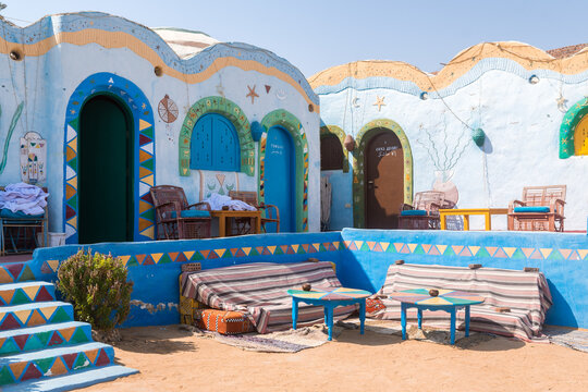 aswan, egypt. 14th october, 2021: colorful houses of nubian village in aswan, egypt