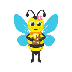 Cute cartoon smiling honeybee with full barrel of honey. Funny isolated character illustration. Vector flat design