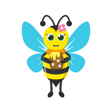 Cute cartoon smiling honeybee with full barrel of honey. Funny isolated character illustration. Vector flat design