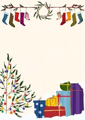 A letter to Claus template. Hand drawn illustration. Xmas Postcard with Christmas and New Years Greeting. Backdrop of Postal Card with Postage Stamps for Winter Holiday.