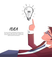 Idea developer and electric bulb, idea of man wearing glasses, poster with text sample and headline vector illustration isolated on white background