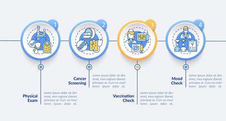 Physical examination components vector infographic template. Checkup presentation outline design elements. Data visualization with 4 steps. Process timeline info chart. Workflow layout with line icons