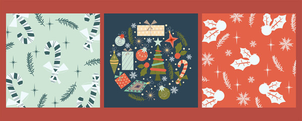 Fototapeta na wymiar Set of Christmas vintage covers for congratulations.Template with lollipop, holly, toys and gifts. Vector illustration