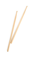 Two wooden drumsticks on white background, top view