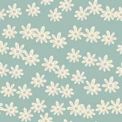 Abstract ditsy flowers seamless pattern on green background. Floral ornament.