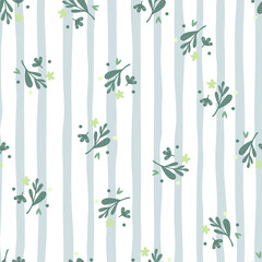 Small flowers and leaf seamless pattern on stripe background. Floral endless wallpaper.