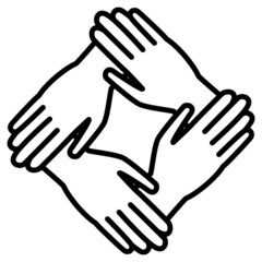 Obraz premium A symbol of cooperation, teamwork, mutual assistance. Four palms are holding each other. Vector icon, outline, isolated.