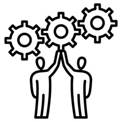 People work together to repair the gear mechanism. Teamwork, cooperation, mutual assistance. Vector icon, outline, isolated.