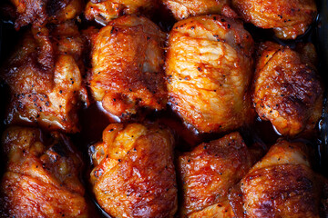 Roasted chicken thighs background. Baked chicken parts lies on flat surface and fill the whole frame of picture. Close up. top view