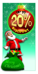 Santa claus Christmas tag announcing discount, 20% off and sale advertisment, customer shop
