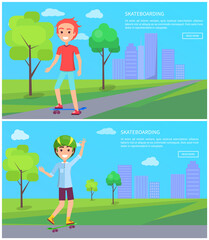 Skateboarding set of posters with two boys skateboarders in green city park with trees on background of skyscrapers. Redhead guy and skater in helmet