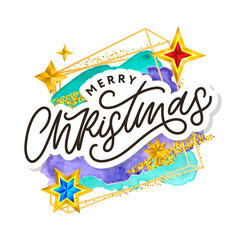 Merry Christmas text decorated with hand drawn lettering with gold stars. Greeting card design element. Vector typography.