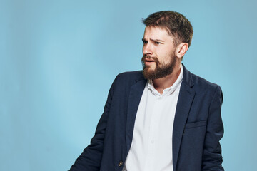 business man in suit posing emotions executive office