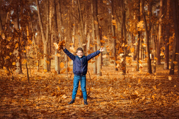 A boy in a blue jacket throws up leaves in an autumn park. Autumn park walk concept