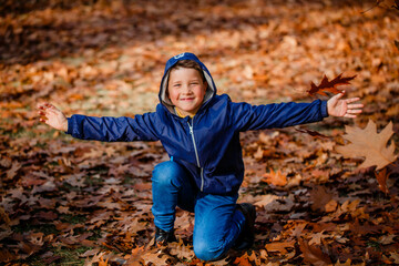 A boy in a blue jacket throws up leaves in an autumn park. Autumn park walk concept