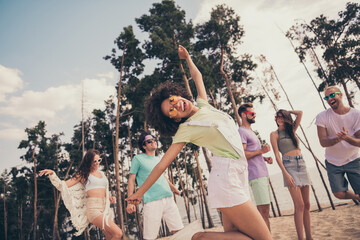 Photo of cheerful crazy positive party best friends lady move wear sunglass casual clothes nature summer seaside beach