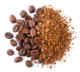 Coffee beans and instant coffee on a white background, isolated. Top view