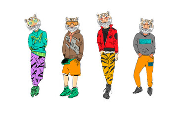 Different fashion models with tiger heads set. Modern clothes. Template sketch vector illustration.