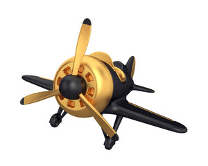 Toy cartoon airplane black with gold color on white background, 3d render