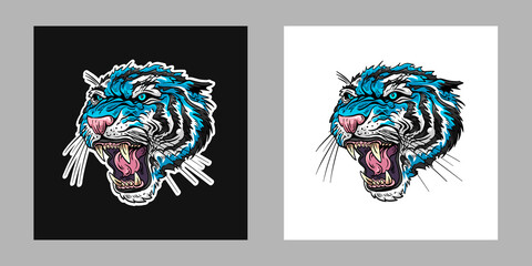 Tiger head hand drawn sketch. Sticker design template. T-shirt print project. Artwork vector illustration for fashion industry. 