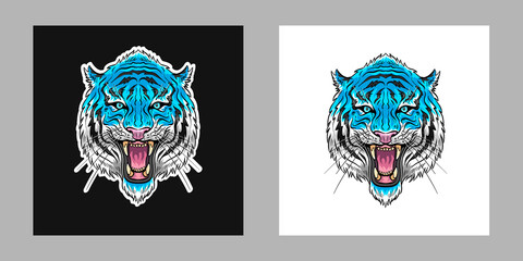 Tiger head hand drawn sketch. Sticker design template. T-shirt print project. Artwork vector illustration for fashion industry. 