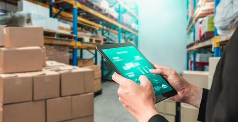 Warehouse management innovative software in computer for real time monitoring of goods package...