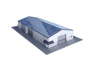 Solar panels on the roof. Hangar made of steel panels. 3d illustration
