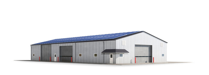 solar panels on the roof. Hangar made of steel panels. 3d illustration