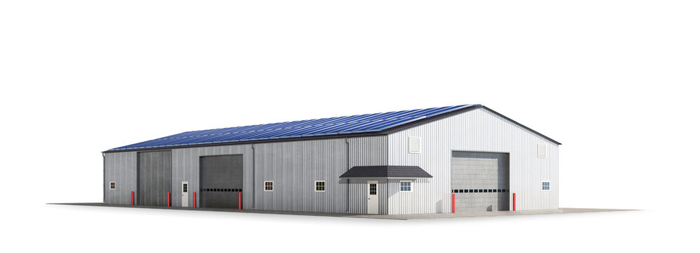 solar panels on the roof. Hangar made of steel panels. 3d illustration