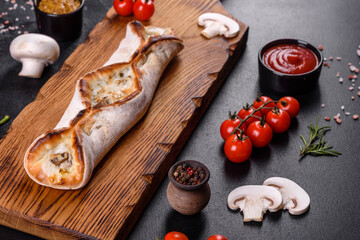 Delicious fresh street pizza with chicken, mushrooms and cheese