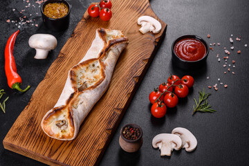 Delicious fresh street pizza with chicken, mushrooms and cheese